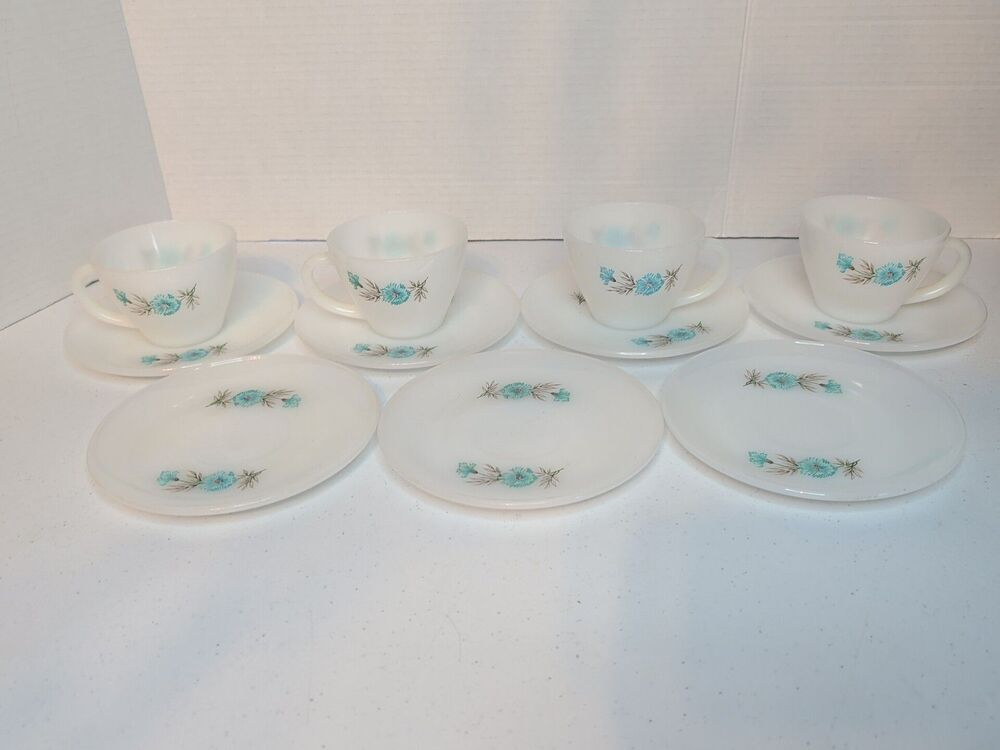 Vtg 1950s Fire King Bonnie Blue Flower Cup and Saucer Set of 4 Plus 3 Saucers